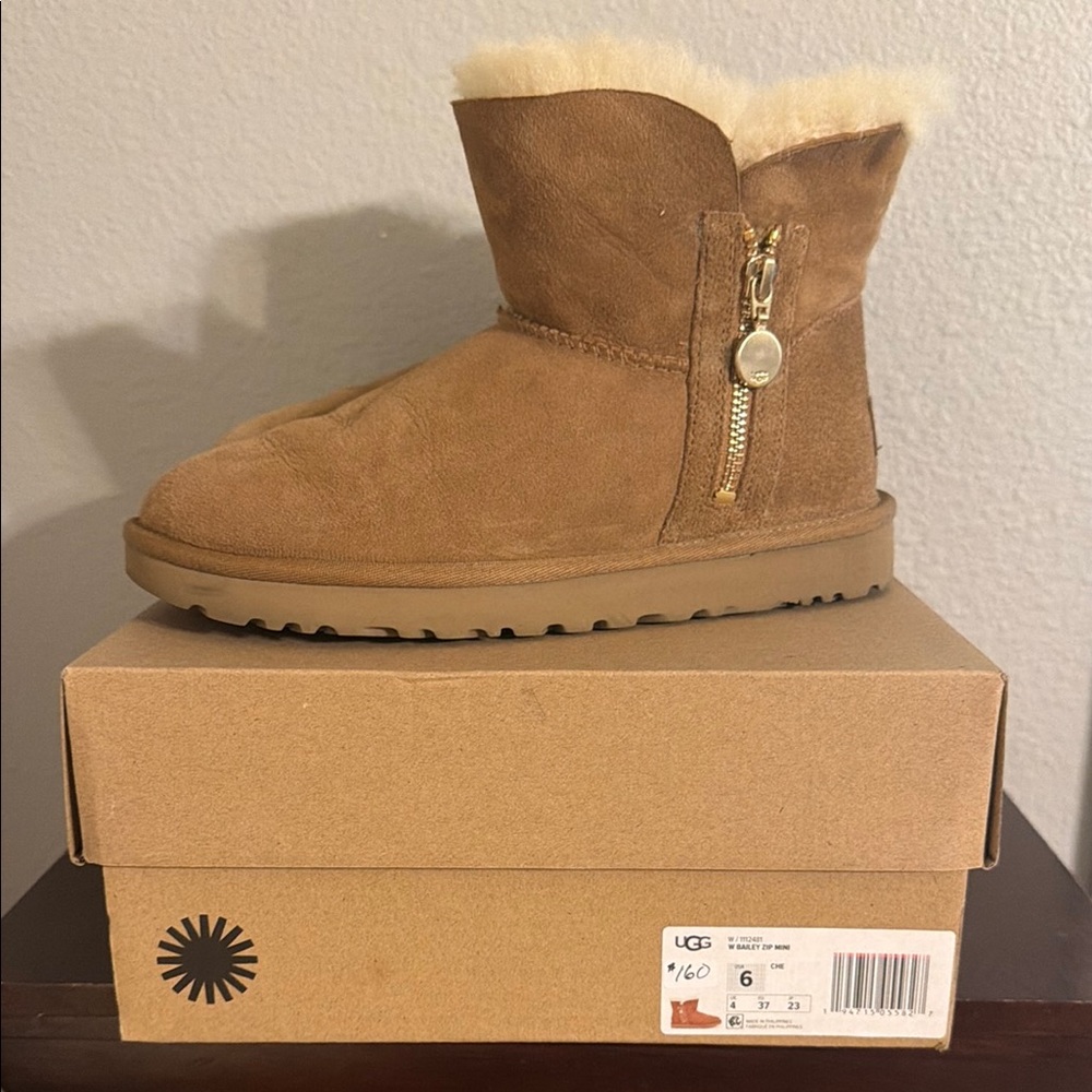 UGG Chestnut Suede Short Shearling Zip Boot